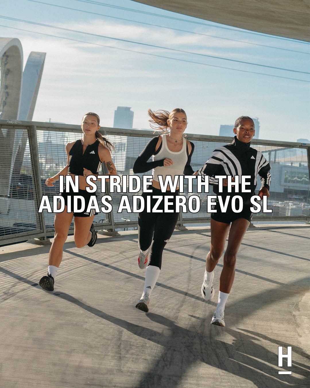 Adidas x Highsnobiety cover, “In stride with the adidas Adizero Evo SL,” three runners on a bridge with the LA skyline behind